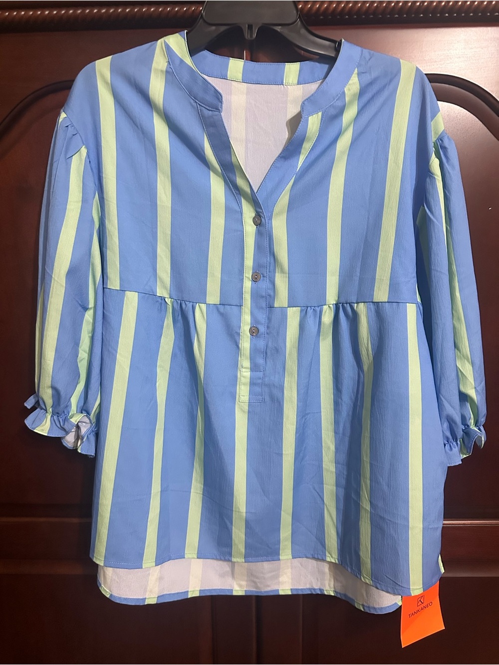 Blue & Light Green Vertical Stripe Popover Blouse